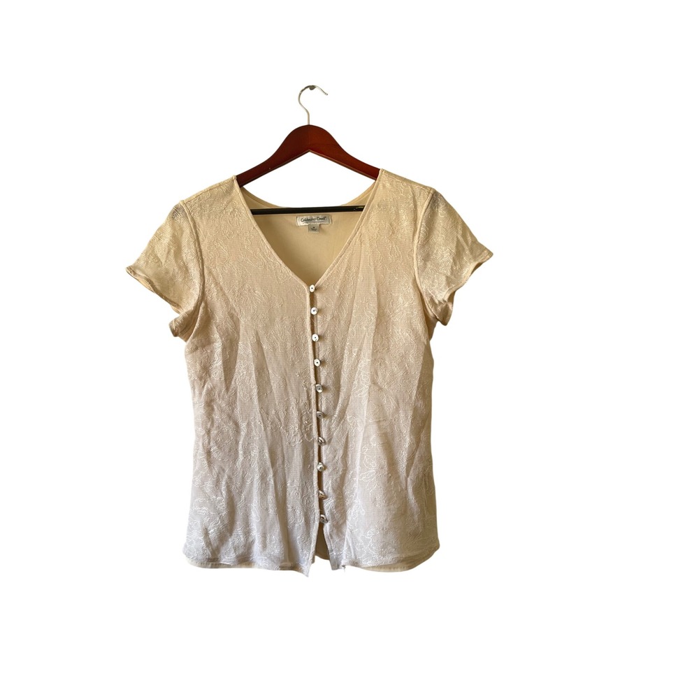 Y2k Cream Lace Button Front V-Neck Short Sleeve Blouse Top Medium‎ cottagecore